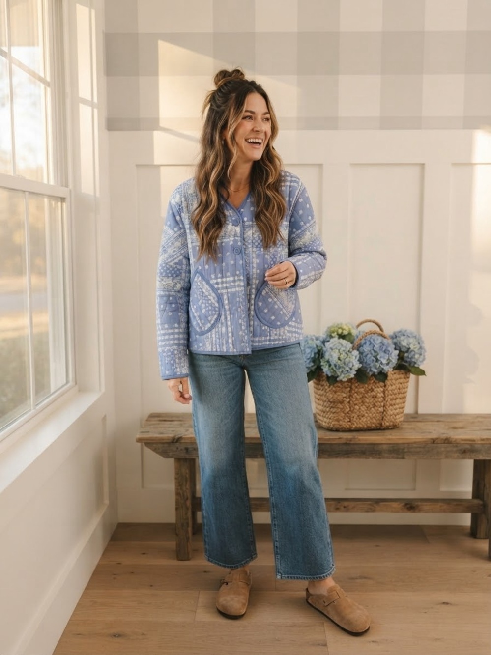Como Vintage Pastel Blue Quilted Bomber Jacket with Patterned Stitching